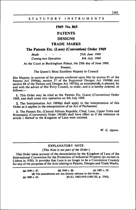 The Patents etc. (Laos) (Convention) Order 1969