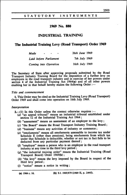 The Industrial Training Levy (Road Transport) Order 1969