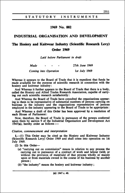 The Hosiery and Knitwear Industry (Scientific Research Levy) Order 1969