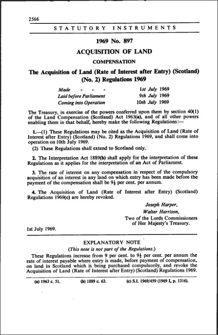 The Acquisition of Land (Rate of Interest after Entry) (Scotland) (No. 2) Regulations 1969