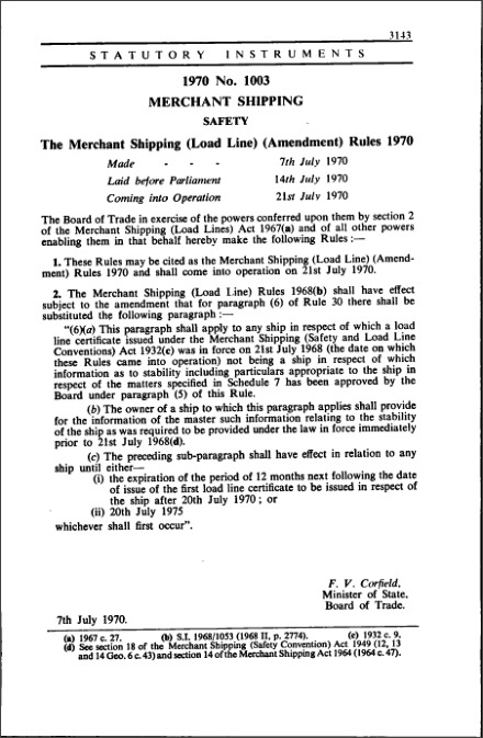 The Merchant Shipping (Load Line) (Amendment) Rules 1970