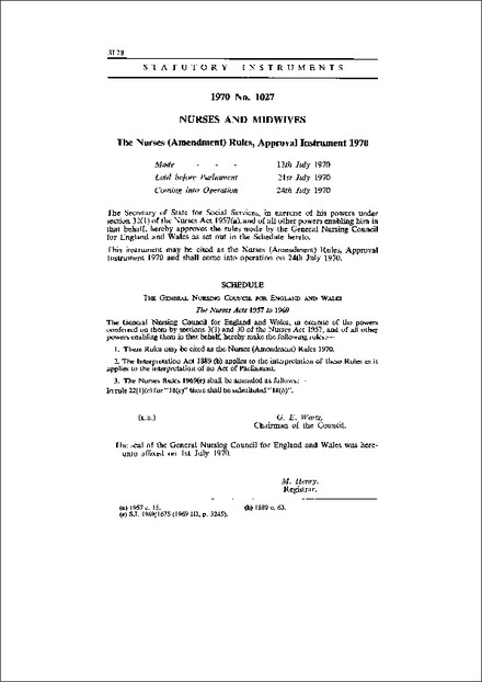 The Nurses (Amendment) Rules, Approval Instrument 1970