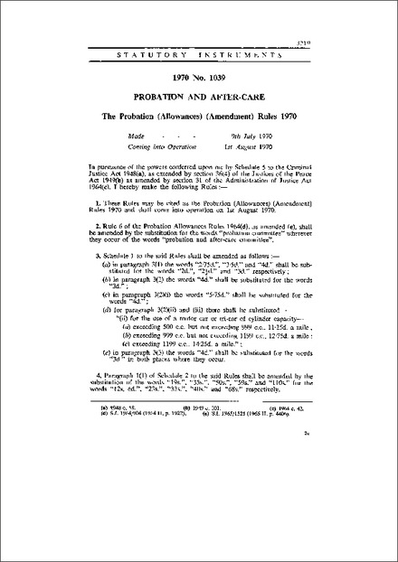 The Probation (Allowances) (Amendment) Rules 1970