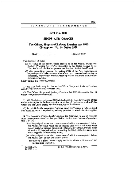 The Offices, Shops and Railway Premises Act 1963 (Exemption No. 9) Order 1970