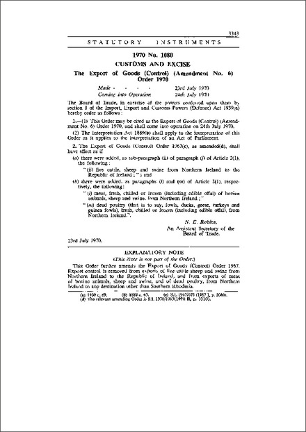 The Export of Goods (Control) (Amendment No. 6) Order 1970