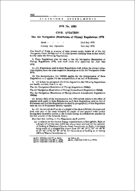 The Air Navigation (Restriction of Flying) Regulations 1970