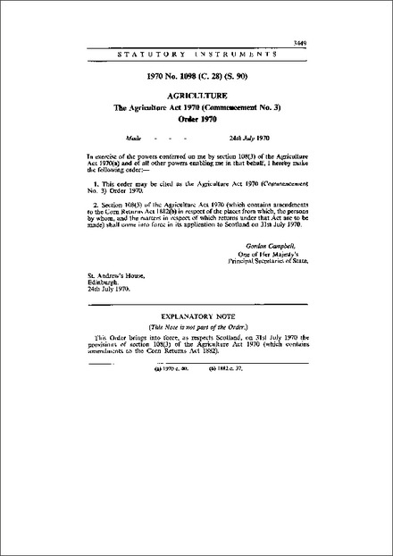 The Agriculture Act 1970 (Commencement No. 3) Order 1970