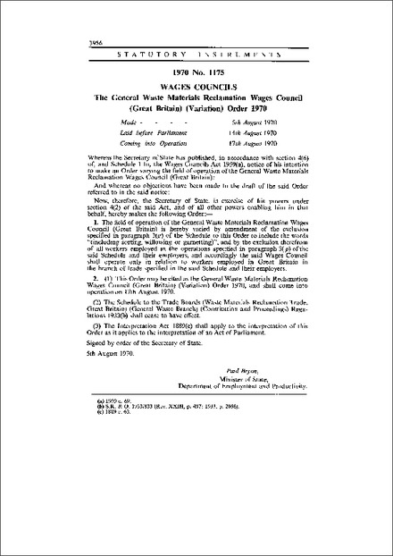 The General Waste Materials Reclamation Wages Council (Great Britain) (Variation) Order 1970