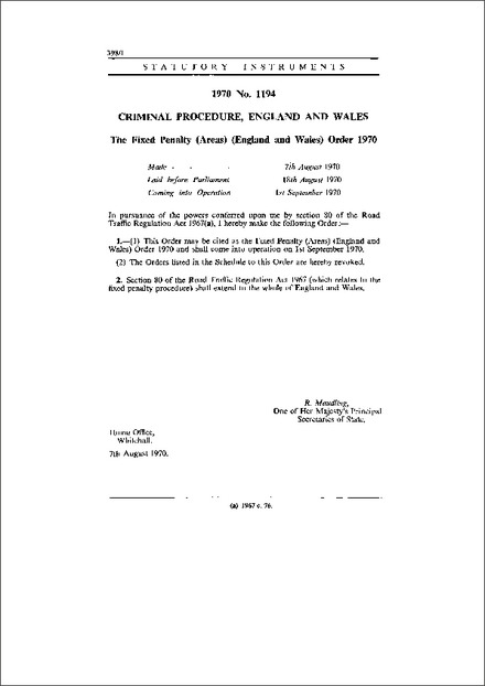The Fixed Penalty (Areas) (England and Wales) Order 1970