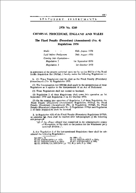The Fixed Penalty (Procedure) (Amendment) (No. 4) Regulations 1970