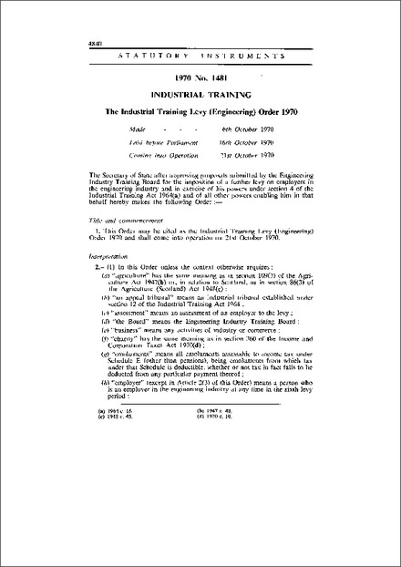 The Industrial Training Levy (Engineering) Order 1970