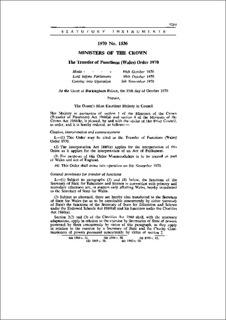 The Transfer of Functions (Wales) Order 1970
