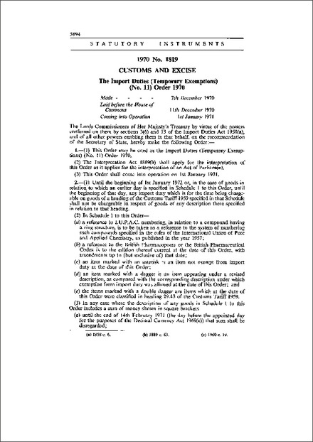 The Import Duties (Temporary Exemptions) (No. 11) Order 1970