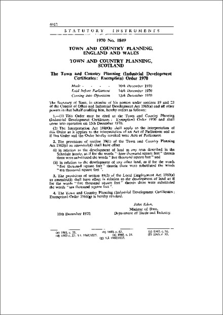 The Town and Country Planning (Industrial Development Certificates : Exemption) Order 1970