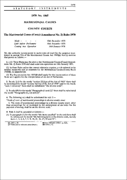 The Matrimonial Causes (Costs) (Amendment No. 2) Rules 1970