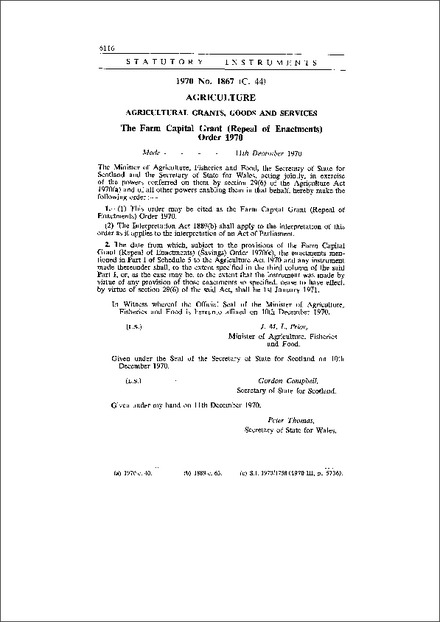 The Farm Capital Grant (Repeal of Enactments) Order 1970