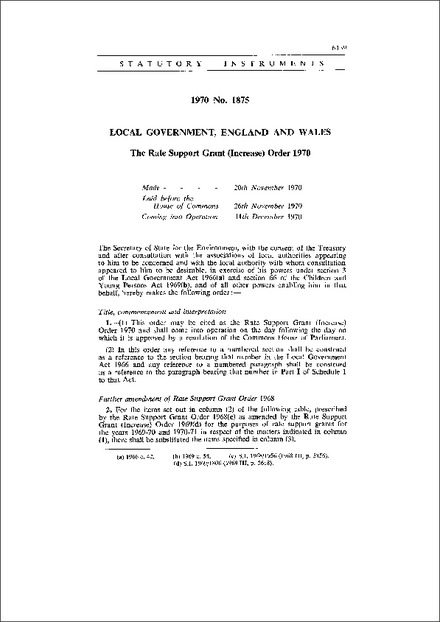 The Rate Support Grant (Increase) Order 1970