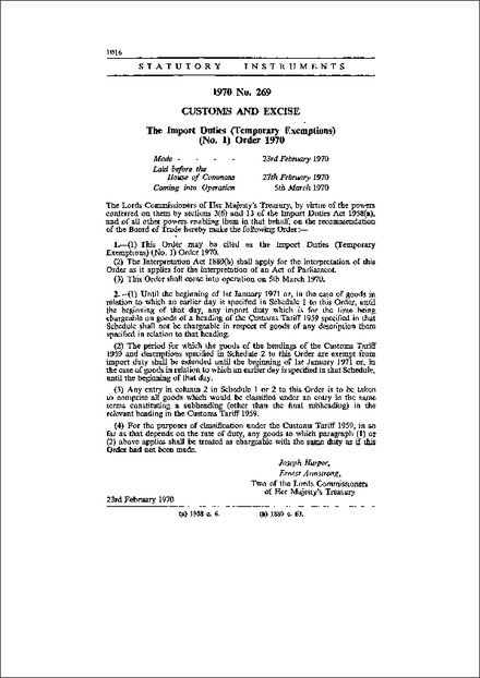 The Import Duties (Temporary Exemptions) (No. 1) Order 1970