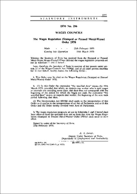 The Wages Regulation (Stamped or Pressed Metal-Wares) Order 1970