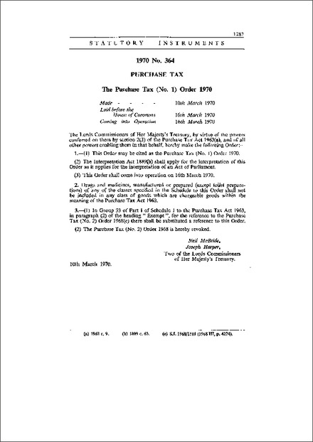 The Purchase Tax (No. 1) Order 1970