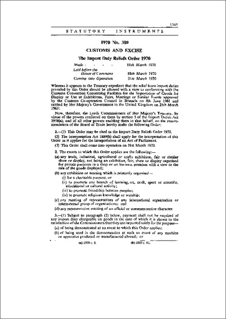 The Import Duty Reliefs Order 1970