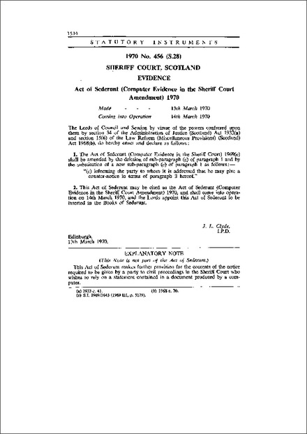 Act of Sederunt (Computer Evidence in the Sheriff Court Amendment) 1970