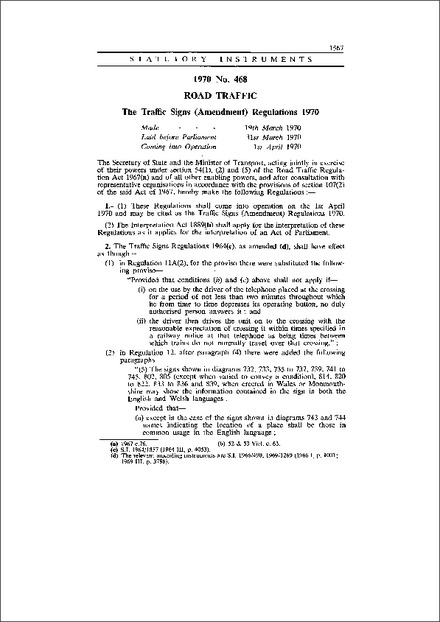 The Traffic Signs (Amendment) Regulations 1970