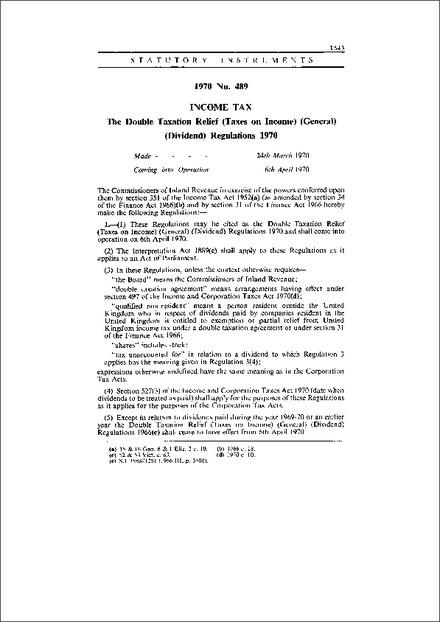 The Double Taxation Relief (Taxes on Income) (General) (Dividend) Regulations 1970
