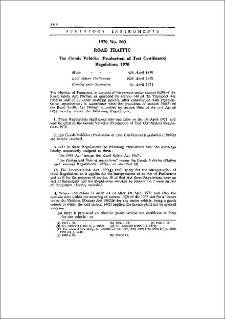 The Goods Vehicles (Production of Test Certificates) Regulations 1970