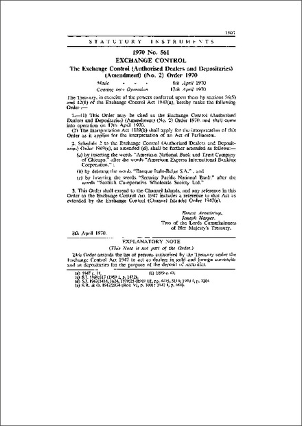 The Exchange Control (Authorised Dealers and Depositaries) (Amendment) (No. 2) Order 1970