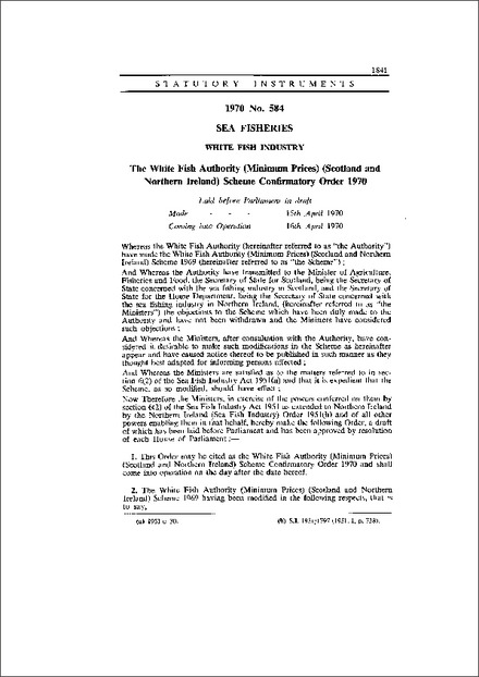 The White Fish Authority (Minimum Prices) (Scotland and Northern Ireland) Scheme Confirmatory Order 1970