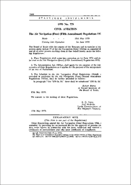 The Air Navigation (Fees) (Fifth Amendment) Regulations 1970