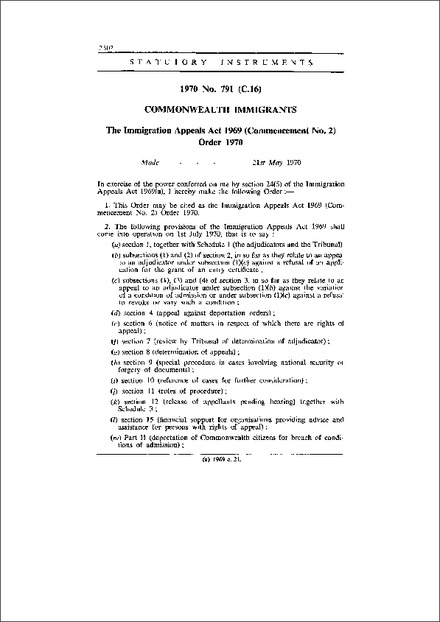 The Immigration Appeals Act 1969 (Commencement No. 2) Order 1970