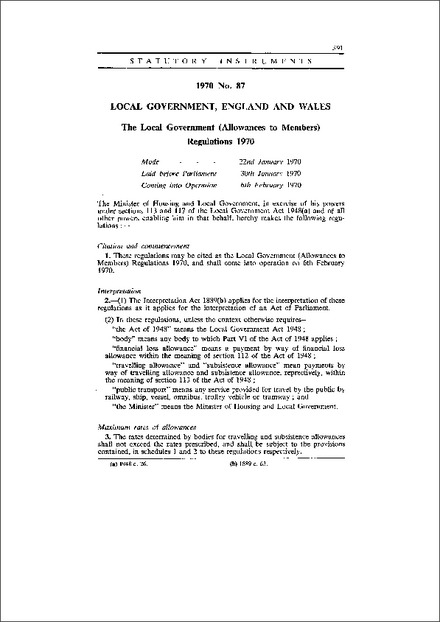 The Local Government (Allowances to Members) Regulations 1970