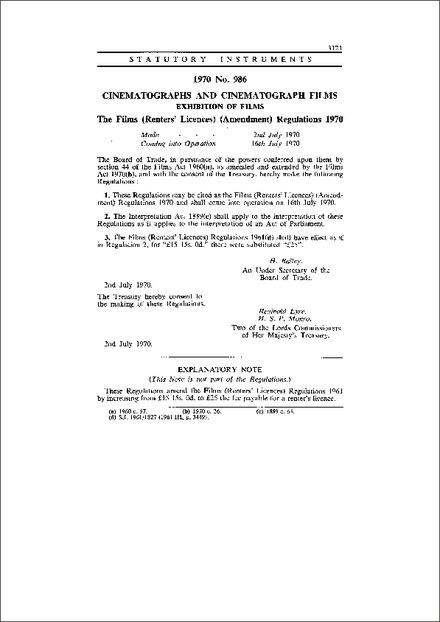 The Films (Renters' Licences) (Amendment) Regulations 1970