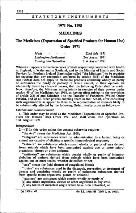 The Medicines (Exportation of Specified Products for Human Use) Order 1971