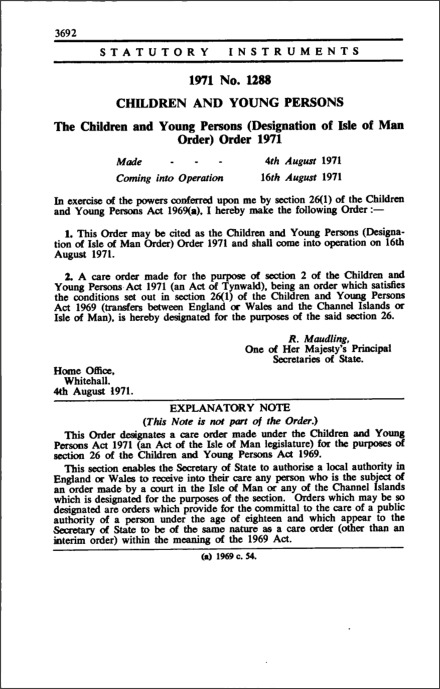 The Children and Young Persons (Designation of Isle of Man Order) Order 1971