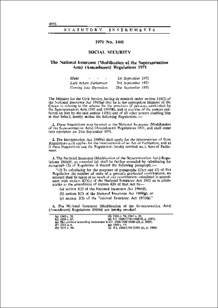 The National Insurance (Modification of the Superannuation Acts) (Amendment) Regulations 1971