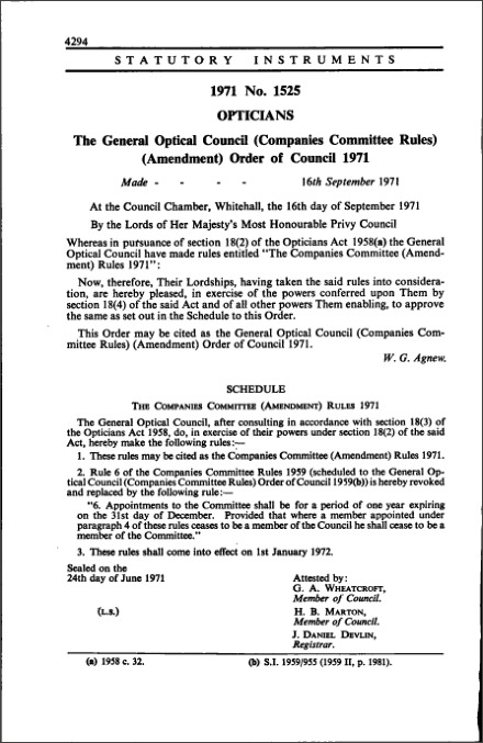 The General Optical Council (Companies Committee Rules) (Amendment) Order of Council 1971