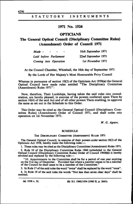 The General Optical Council (Disciplinary Committee Rules) (Amendment) Order of Council 1971