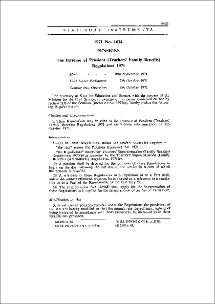 The Increase of Pensions (Teachers' Family Benefits) Regulations 1971