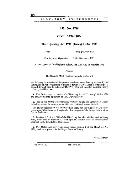 The Hijacking Act 1971 (Jersey) Order 1971