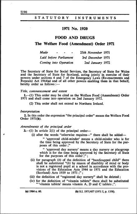 The Welfare Food (Amendment) Order 1971