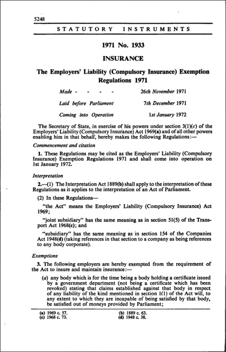 The Employers' Liability (Compulsory Insurance) Exemption Regulations 1971