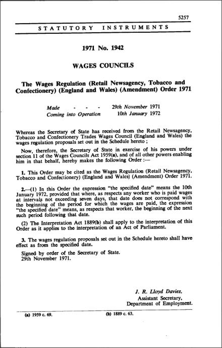 The Wages Regulation (Retail Newsagency, Tobacco and Confectionery) (England and Wales) (Amendment) Order 1971