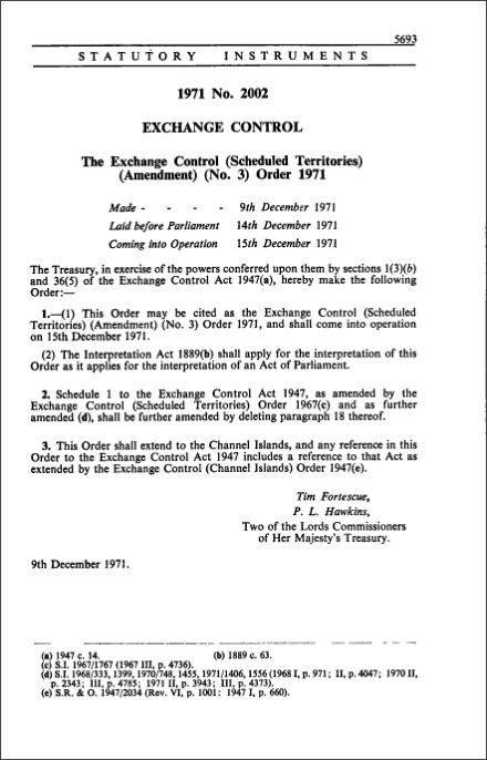 The Exchange Control (Scheduled Territories) (Amendment) (No. 3) Order 1971