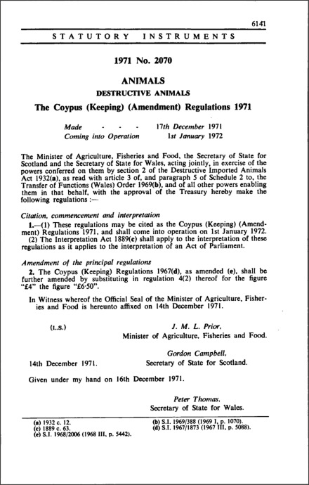 The Coypus (Keeping) (Amendment) Regulations 1971