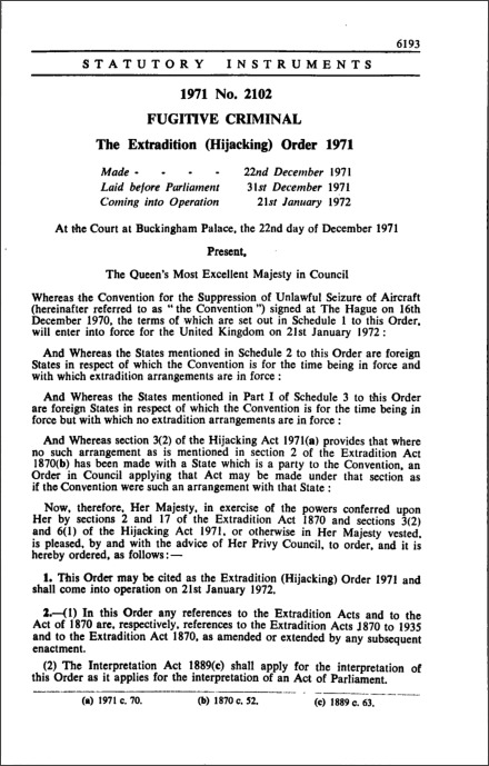 The Extradition (Hijacking) Order 1971