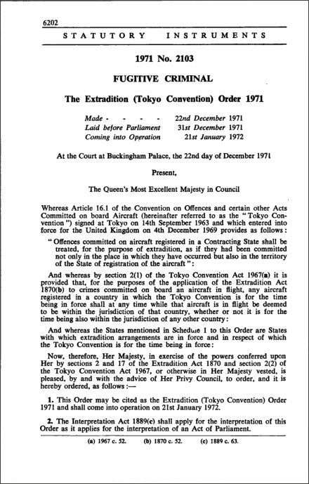 The Extradition (Tokyo Convention) Order 1971