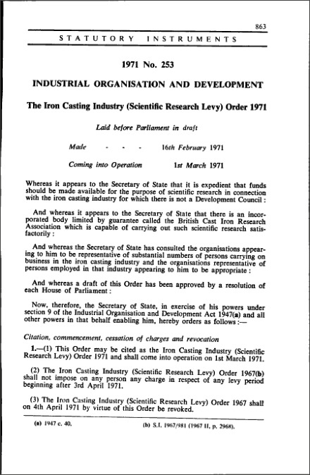 The Iron Casting Industry (Scientific Research Levy) Order 1971